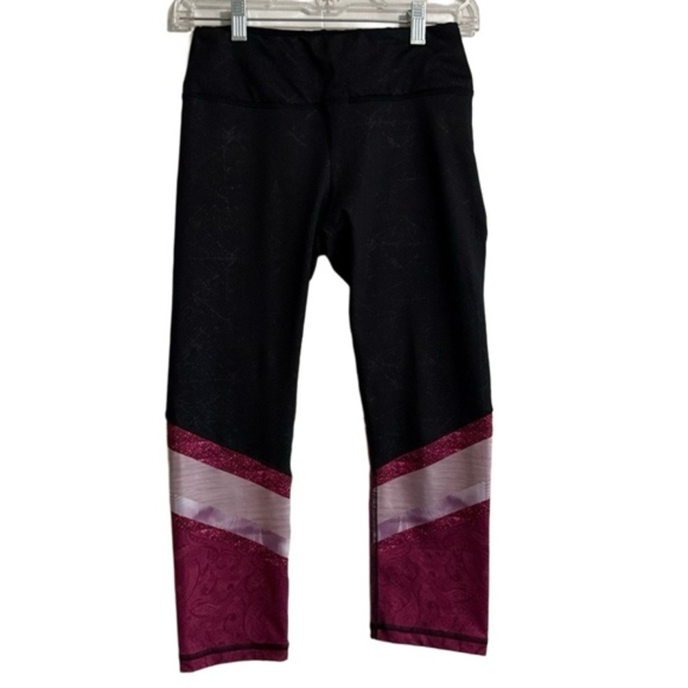 RBX Capri Leggings Womens S Black Burgundy Glitter Mesh Cropped High Waist